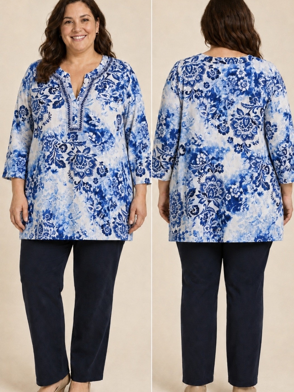 Ruby Road Blue Floral Beaded V-Neck Tunic Sz 3X